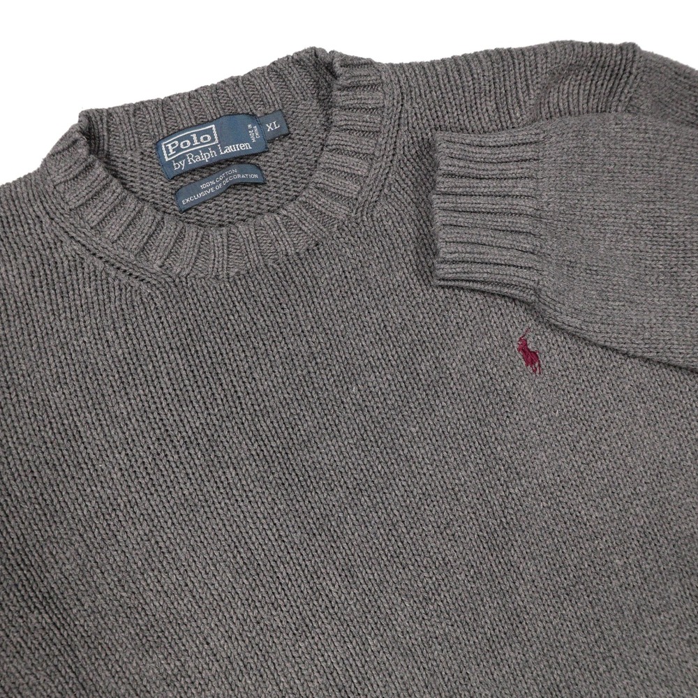 POLO RALPH LAUREN Mens XL Grey Pullover Crewneck Knit Sweater Burgundy Pony Logo